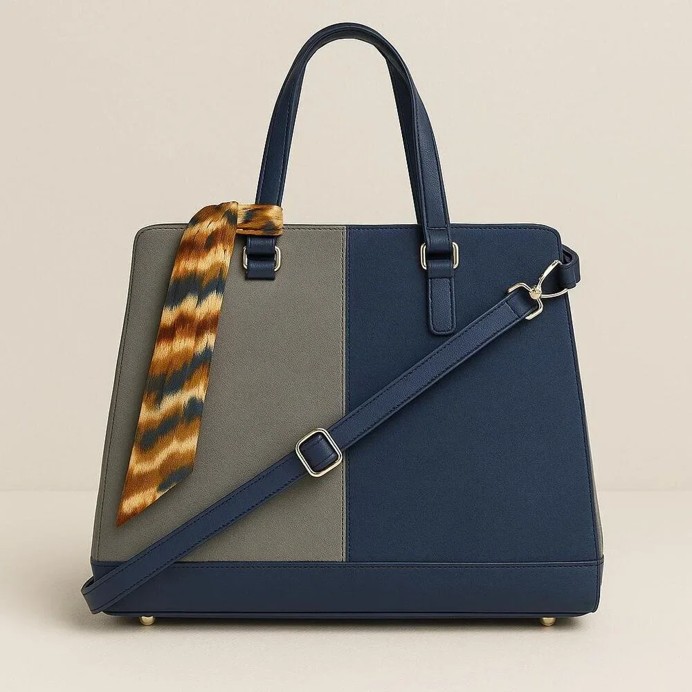 Colorblock Suede & Faux Leather Tote Bag with Scarf Accent – Navy & Gray